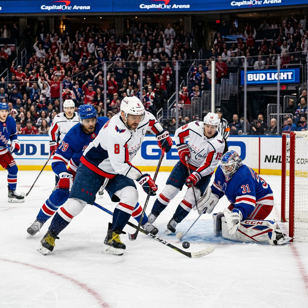 Washington Capitals players competing against New York Rangers near the goal in an NHL game