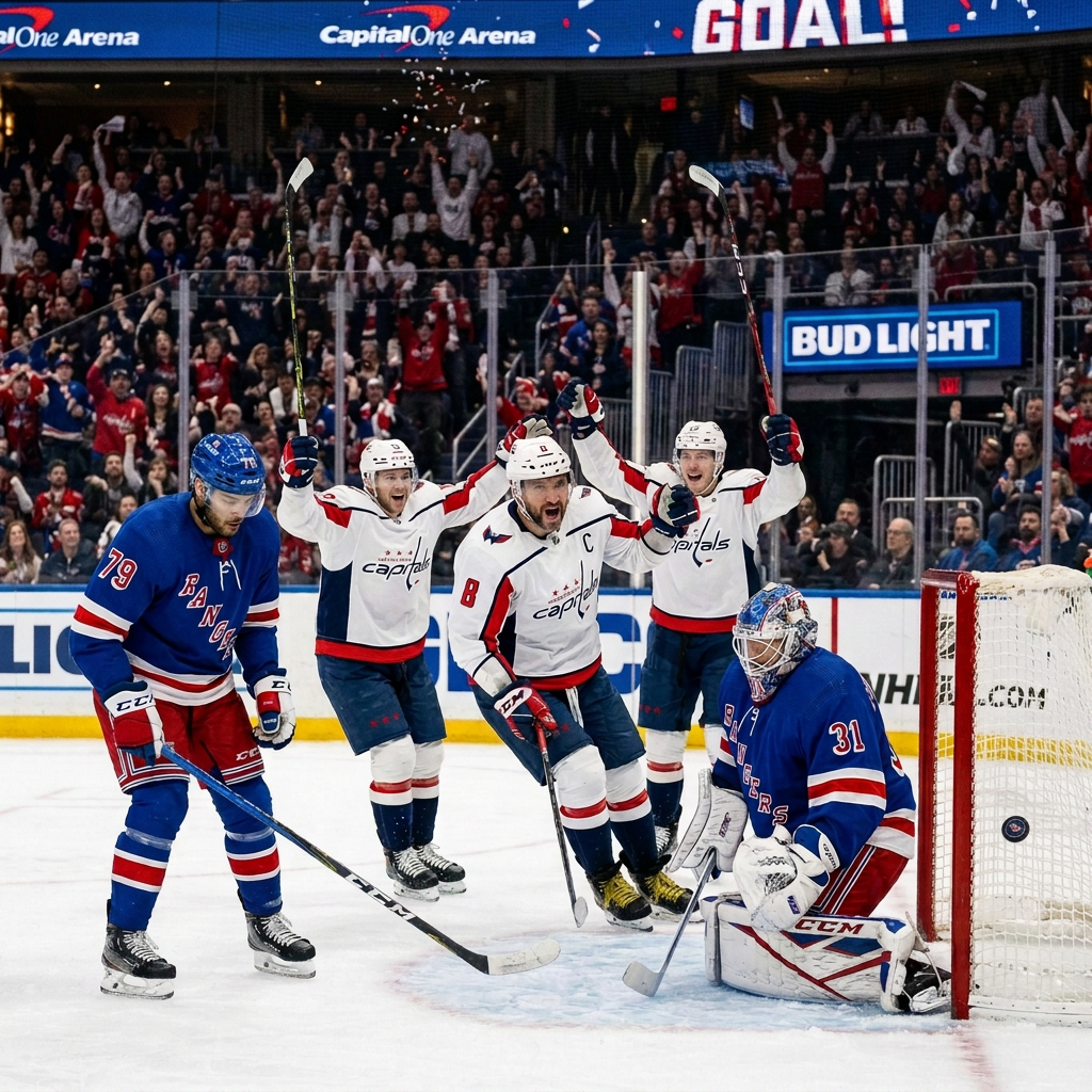 Washington Capitals players competing against New York Rangers near the goal in an NHL game